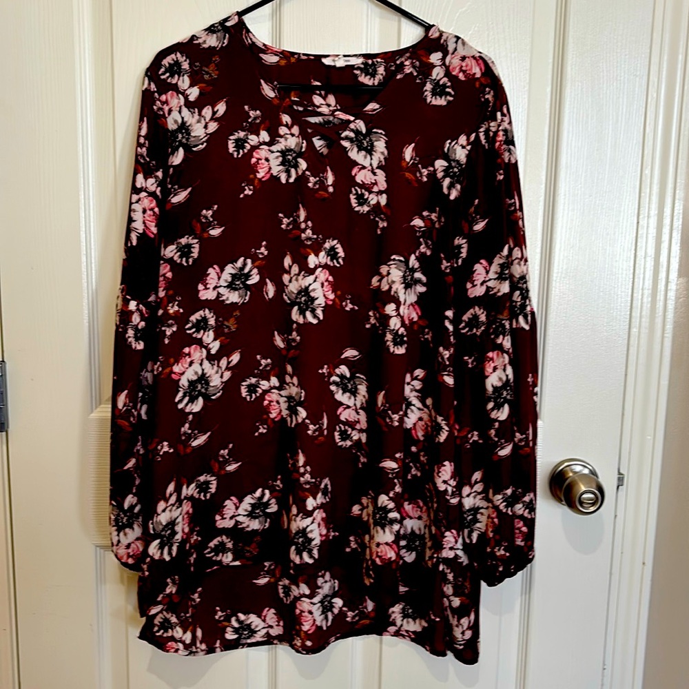 MAURICES Women's Top Tunic Large Long Lantern Sleeve Multicolor Floral V-Neck